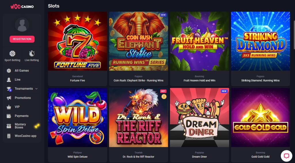 Woocasino lobby – game selection overview